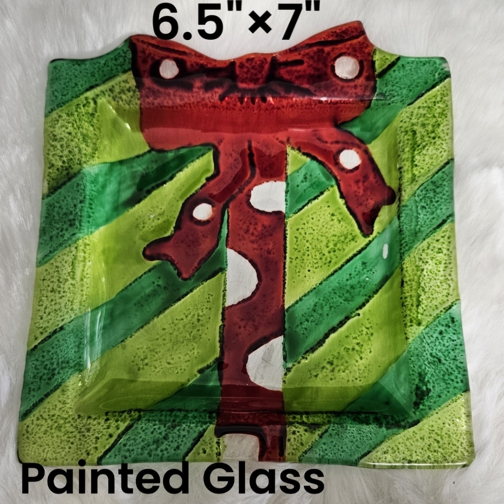 Holiday Glass Hand Painted Plate Christmas Plate 7"×6.5"